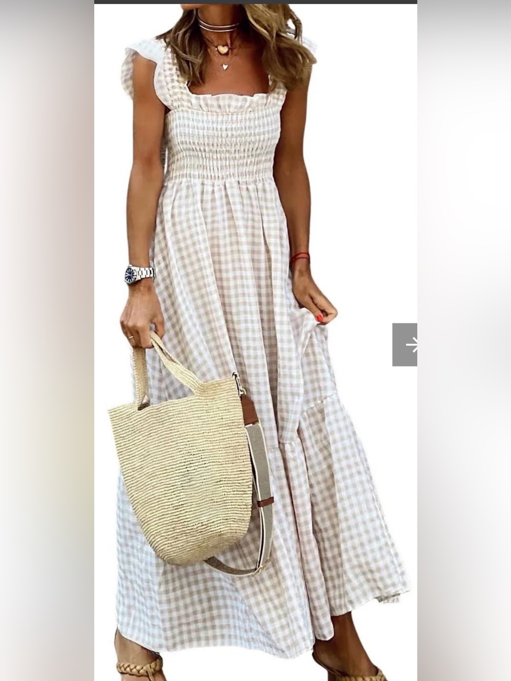 Retro Plaid Smocked Square Neck Maxi Dress in Beige Gingham Flounce